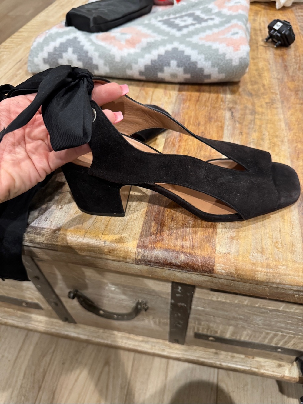 Nomasei Black Suede Open-Toe Block Heel Sandals with Ankle Tie